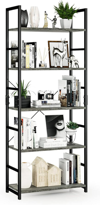 NUMENN 5 Tier Bookshelf, Tall Bookcase Shelf Storage Organizer, Modern Book Shelf for Bedroom, Living Room and Home Office, Dark Grey - LeafyLoom
