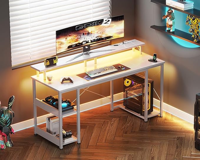 ODK 55 inch Gaming Desk with LED Lights & Power Outlets, Computer Desk with Monitor Stand & Storage Sheves, CPU Stand, Home Office Desk White - LeafyLoom