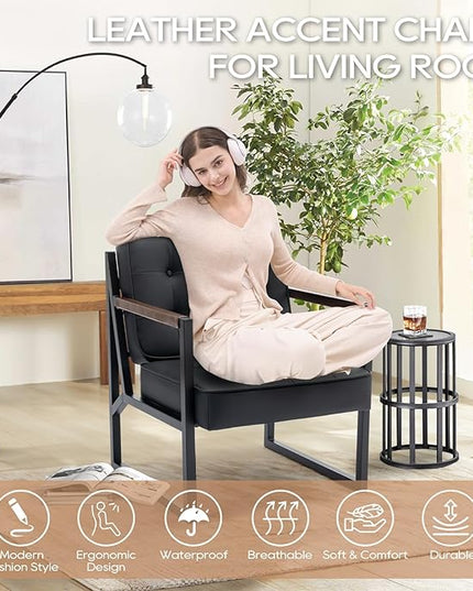 COLAMY Modern Black Leather Accent Chair, Comfy Living Room Chairs, Faux Leather Reception Armchair with Metal Legs for Living Room Bedroom Reception Waiting Room, Black - LeafyLoom