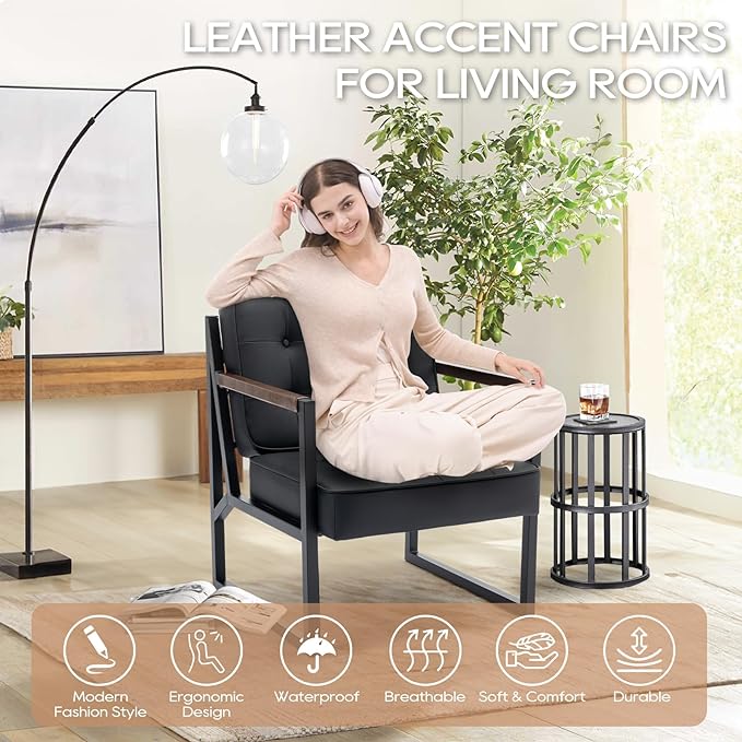 COLAMY Mid Century Modern Accent Chair Set of 2, Comfy Living Room Chair, Black Leather Accent Chair, Faux Leather Reception Armchair with Metal Legs for Living Room Bedroom Reception Office, Black - LeafyLoom