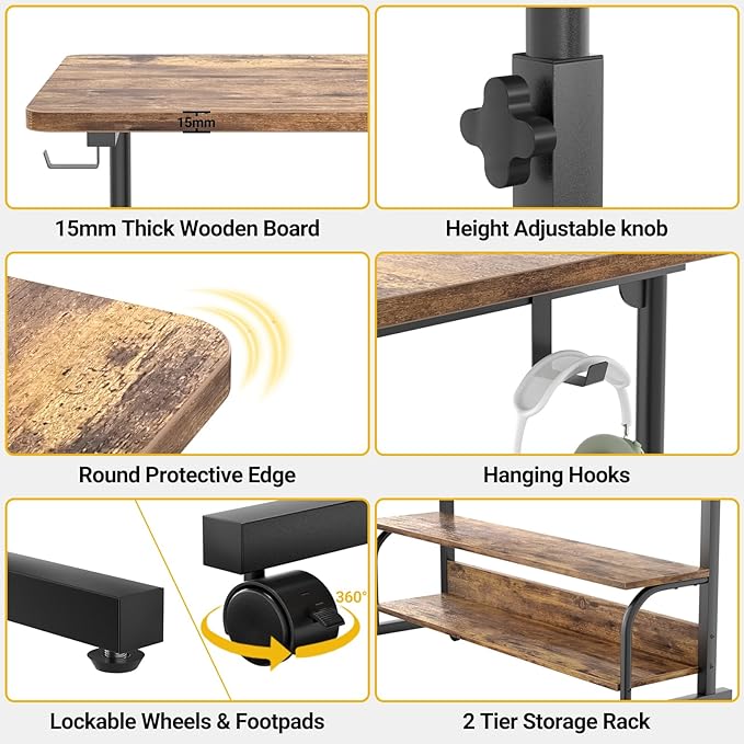 39" Height Adjustable Standing Desk with Power Outlets - Manual Rolling Stand Up Desk with Wheels Small Portable Computer Desk Mobile Laptop Table with Storage Shelves for Home Office, Rustic - LeafyLoom