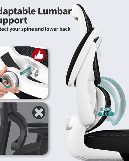 Office Chair - Ergonomic Desk Chair with Adjustable Lumbar Support, Mesh Computer Chair, Executive Chair for Home Office Comfortable Lumbar Support (White+Black) - LeafyLoom