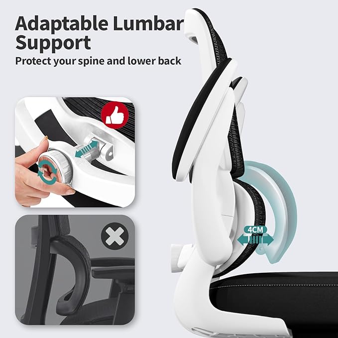 Office Chair - Ergonomic Desk Chair with Adjustable Lumbar Support, Mesh Computer Chair, Executive Chair for Home Office Comfortable Lumbar Support (White+Black) - LeafyLoom