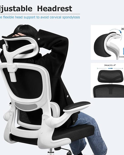 Office Desk Chair, Ergonomic High Back Mesh Office Chair with Lumbar Support and Adjustable Headrest, Swivel Computer Task Chair with Flip-up Arms, Executive Chairs for Home and Work (White) - LeafyLoom