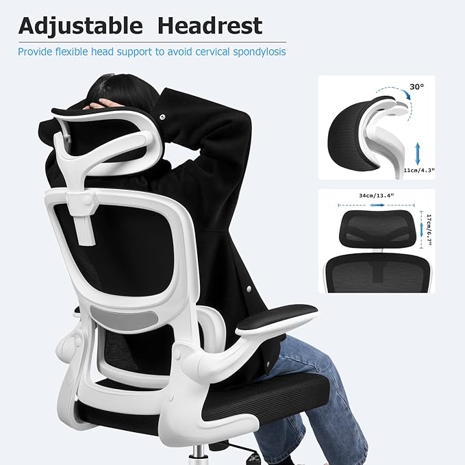 Office Desk Chair, Ergonomic High Back Mesh Office Chair with Lumbar Support and Adjustable Headrest, Swivel Computer Task Chair with Flip-up Arms, Executive Chairs for Home and Work (White) - LeafyLoom