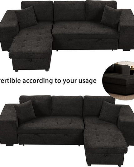 Convertible Futon Bed, Button Tufted Folding Sleeper Adjustable Backrest,Wooden Frame & 2 Pillows Small Sofa & Couches for Living Room,Apartment,Home Decor, Black 104.5" - LeafyLoom
