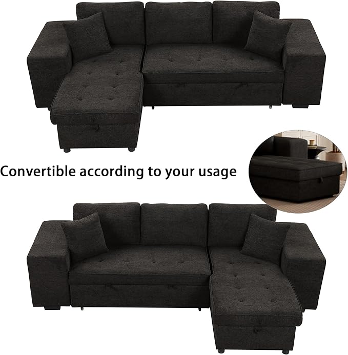 Convertible Futon Bed, Button Tufted Folding Sleeper Adjustable Backrest,Wooden Frame & 2 Pillows Small Sofa & Couches for Living Room,Apartment,Home Decor, Black 104.5" - LeafyLoom