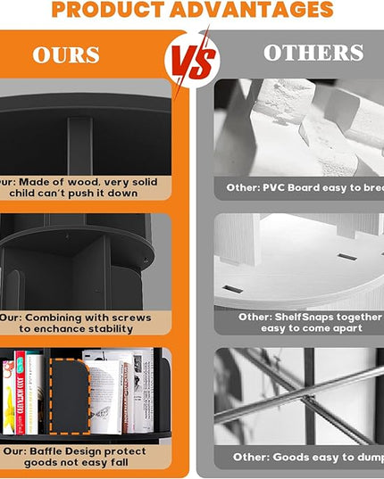 Rotating Bookshelf, Wood Corner Bookshelf, 360 Display Spinning Bookcase Storage Rack, 4 Tier Floor Standing Revolving Bookcase Narrow Book Shelf Organizer for Small Space, Bedroom, Black - LeafyLoom
