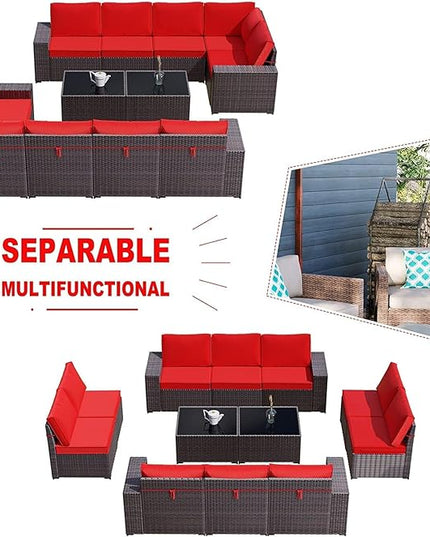 Kullavik 12PCS Outdoor Patio Furniture Set PE Wicker Rattan Sectional Sofa Patio Conversation Sets,Red - LeafyLoom