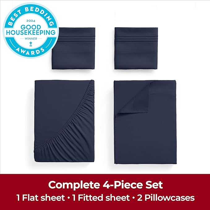 Mellanni Extra Deep Full Sheets - 4 PC Iconic Collection Bedding Sheets & Pillowcases - Hotel Luxury, Ultra Soft, Cooling Bed Sheets - Extra Deep Pocket up to 21 inch (Full, Navy Blue) - LeafyLoom
