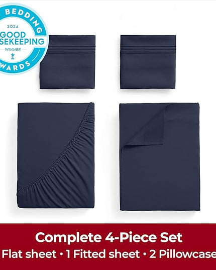 Mellanni Extra Deep King Sheets - 4 PC Iconic Collection Bedding Sheets & Pillowcases - Hotel Luxury, Ultra Soft, Cooling Bed Sheets - Extra Deep Pocket up to 21 inch (King, Navy Blue) - LeafyLoom