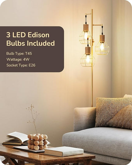 EDISHINE Dimmable Farmhouse Floor Lamp for Living Room, Industrial Standing Lamp with 3 LED Edison Bulbs, Corner Rustic Rattan Tall Tree Reading Lamps Home Decor for Bedroom, Office, Gold - LeafyLoom