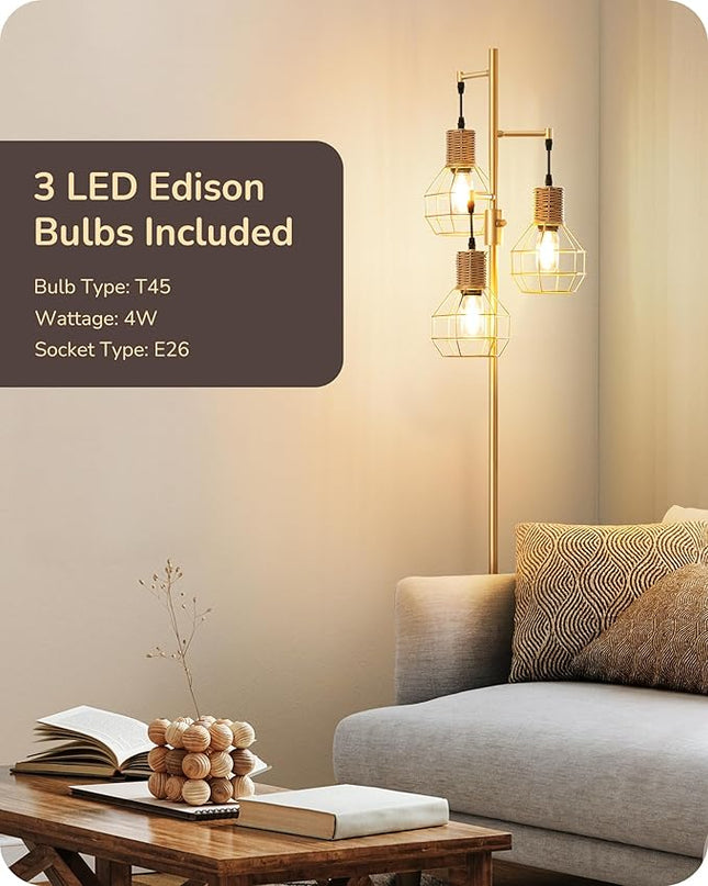 EDISHINE Dimmable Farmhouse Floor Lamp for Living Room, Industrial Standing Lamp with 3 LED Edison Bulbs, Corner Rustic Rattan Tall Tree Reading Lamps Home Decor for Bedroom, Office, Gold - LeafyLoom
