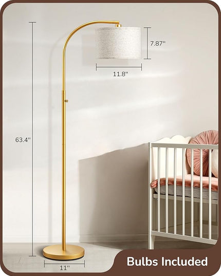 EDISHINE Dimmable Arched Floor Lamp, Gold Standing Lamp with Adjustable Line Lampshade, Rotary Switch, Reading Lights for Living Room, Bedroom, Study Room, Office, LED Bulb Included - LeafyLoom