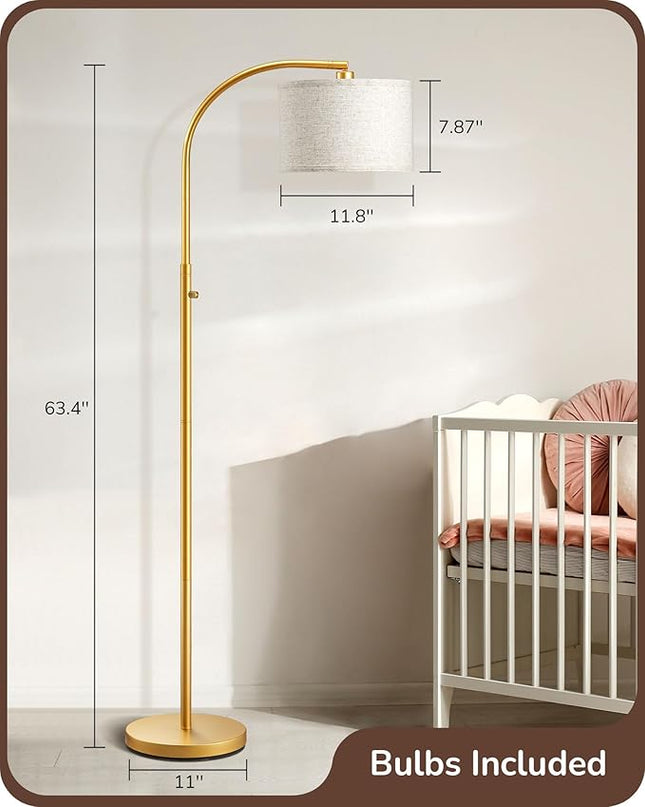 EDISHINE Dimmable Arched Floor Lamp, Gold Standing Lamp with Adjustable Line Lampshade, Rotary Switch, Reading Lights for Living Room, Bedroom, Study Room, Office, LED Bulb Included - LeafyLoom