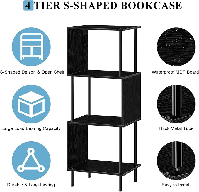 ETELI Small Bookshelf Unique S Shaped 4 Shelf Bookcase Free Standing Industrial Book Storage Shelves for Living Room, Bedroom, and Home Office, Rustic Book Organizer & Metal Frame - LeafyLoom