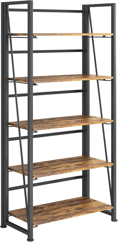No-Assembly Folding Bookshelf Storage Shelves 5 Tiers Vintage Multifunctional Plant Flower Stand Storage Rack Shelves Bookcase for Home Office(Firestone and Black) - LeafyLoom