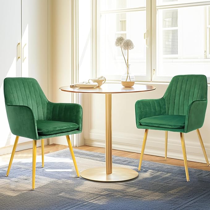 CangLong Furniture Modern Living Dining Room Accent Arm Chairs Club Guest with Gold Metal Legs, Set of 2, Green - LeafyLoom
