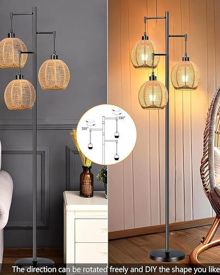 Floor Lamp for Living Room,Bedroom,Boho Rattan Floor Lights,Tree 3 Bulb Standing Lamp Farmhouse Industrial Black Tall Lamp,Wicker Bamboo Lamp Shade Flower Floor Lamps Bohemian Decor - LeafyLoom