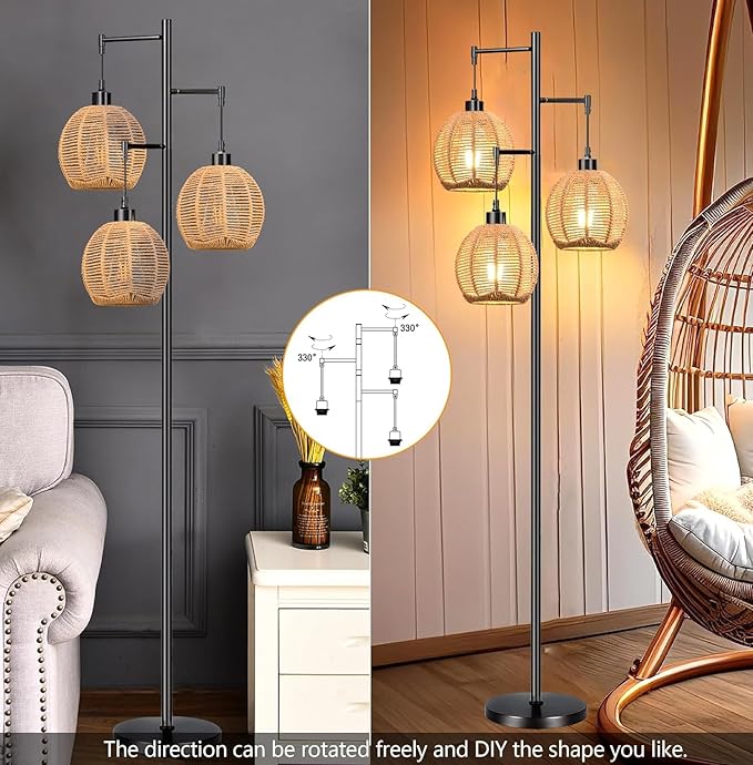 Floor Lamp for Living Room,Bedroom,Boho Rattan Floor Lights,Tree 3 Bulb Standing Lamp Farmhouse Industrial Black Tall Lamp,Wicker Bamboo Lamp Shade Flower Floor Lamps Bohemian Decor - LeafyLoom