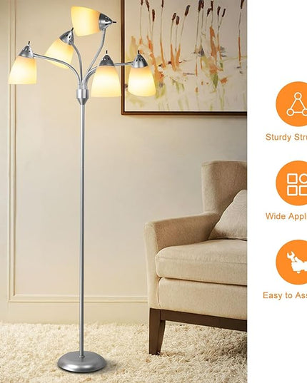 DINGLILIGHTING Floor Lamp Tall for Room: Flexible Gooseneck Floor Lamps Standing for Bedroom Home Office - Modern Floor Lights Silver 5-Light - LeafyLoom