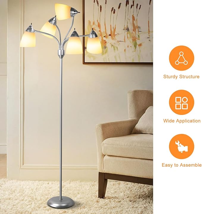 DINGLILIGHTING Floor Lamp Tall for Room: Flexible Gooseneck Floor Lamps Standing for Bedroom Home Office - Modern Floor Lights Silver 5-Light - LeafyLoom