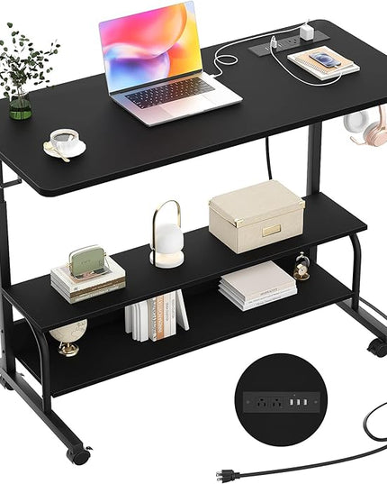 Height Adjustable Standing Desk with Power Outlets, 39" Manual Stand Up Desk with Storage Shelves Small Mobile Rolling Computer Desk Portable Laptop Table with Wheels for Home Office, Black - LeafyLoom