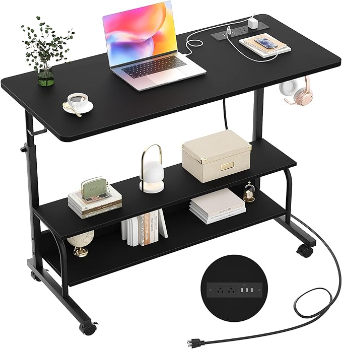 Height Adjustable Standing Desk with Power Outlets, 39" Manual Stand Up Desk with Storage Shelves Small Mobile Rolling Computer Desk Portable Laptop Table with Wheels for Home Office, Black - LeafyLoom
