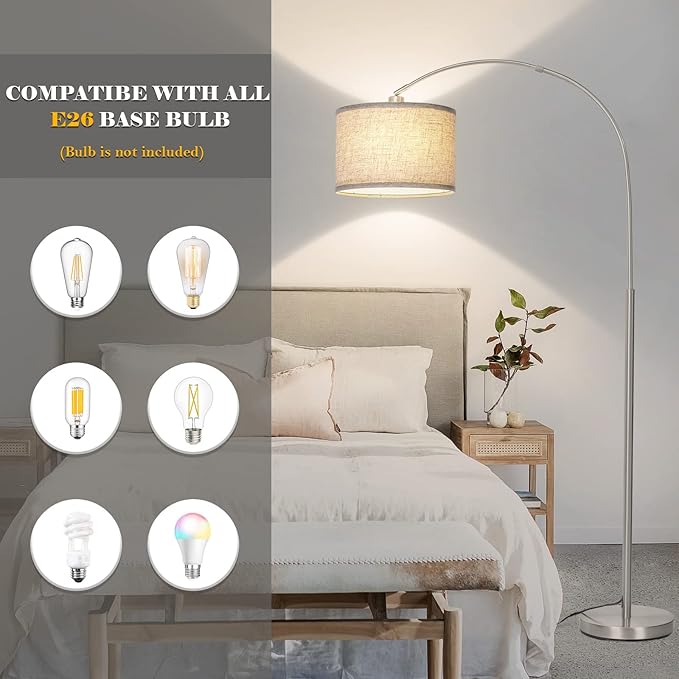 Arc Floor Lamp, Modern Floor Lamp for Living Room with Adjustable Head, Tall Pole Lamp with On/Off Pedal Switch, Over Couch Arched Tall Standing Light for Reading, Bedroom, Office (Silver) - LeafyLoom