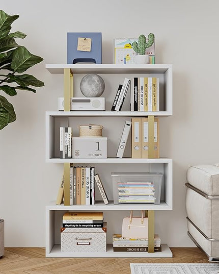 Bookshelf geometric bookcase S Shaped industrial bookshelf Storage Display Stand Shelf for Living Room Bedroom and office Room (White, 4 Tier) - LeafyLoom