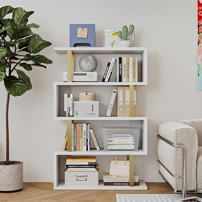 Bookshelf geometric bookcase S Shaped industrial bookshelf Storage Display Stand Shelf for Living Room Bedroom and office Room (White, 4 Tier) - LeafyLoom