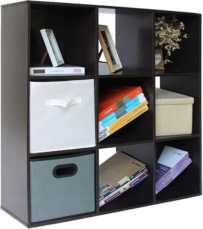 PACHIRA US 9 Cube Storage Shelf Organizer, Heavy Duty Wooden Closet Cabinet, File Organizer Rack Display Cube Bookshelf Compartments, Dark Brown - LeafyLoom