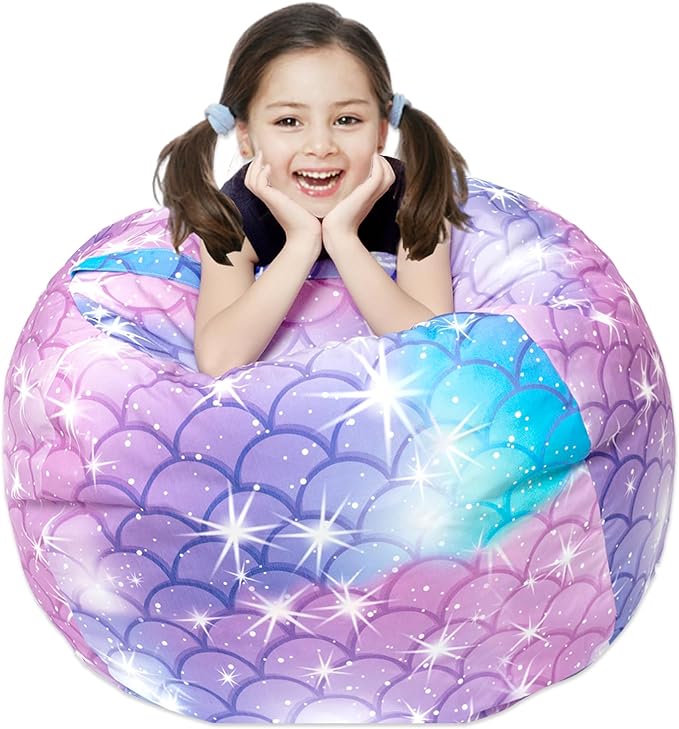Stuffed Animal Storage Bean Bag Chair Cover, Hold Kids Plush Toys Blankets Towels Beanbag (Cover Only), Floor Circle Stuff Sit Seat Sofa with YKK Zipper, Extra Large 38", Classic Mermaid - LeafyLoom