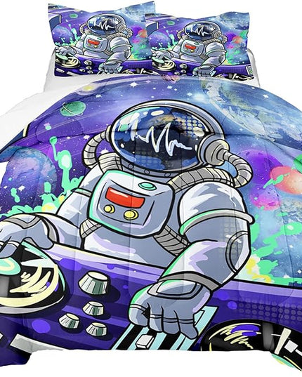 Outer Space Astronaut Full Comforter Sets for Teens Boys Galaxy Astronaut Space Bedding Themed Bedroom Decor Kids Comforter Sets Boys Room, 1 Comforter 2 Pillowcases - LeafyLoom