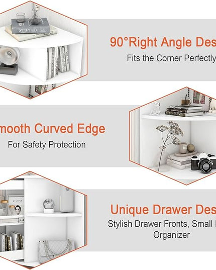 Corner Shelf 6-Tier Corner Bookcase with Drawer, Tall Corner Bookshelf Freestanding White Corner Cabinet Corner Shelves Stand for Wall Corner, Living Room, Home Office, Bedroom, Display Shelf - LeafyLoom