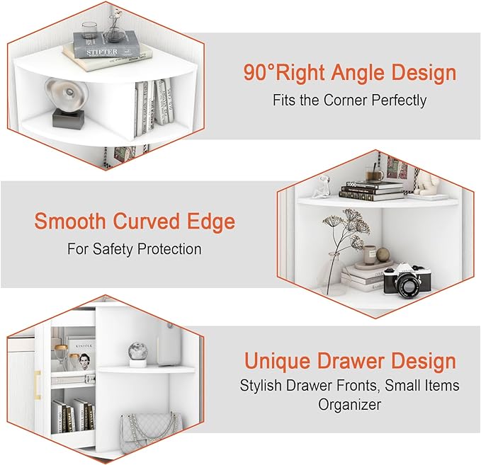 Corner Shelf 6-Tier Corner Bookcase with Drawer, Tall Corner Bookshelf Freestanding White Corner Cabinet Corner Shelves Stand for Wall Corner, Living Room, Home Office, Bedroom, Display Shelf - LeafyLoom