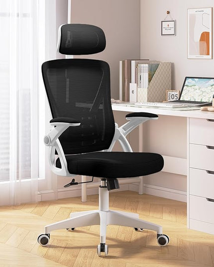 Ergonomic Office Chair, Mid Back Desk Chair with Adjustable Height, Swivel Chair with Flip-Up Arms and Lumbar Support, Breathable Mesh Computer Chair with Headrest (White and Black) - LeafyLoom