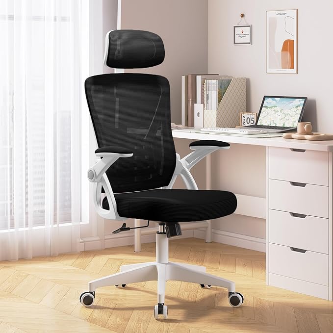 Ergonomic Office Chair, Mid Back Desk Chair with Adjustable Height, Swivel Chair with Flip-Up Arms and Lumbar Support, Breathable Mesh Computer Chair with Headrest (White and Black) - LeafyLoom