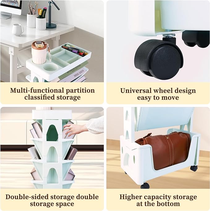5 Tier Book Rack Storage Bookshelf, Removable Movable Unique Bookcase, Mobile Bookshelf with Wheels Utility Organizer Bookshelves for Kids Children Students Study in Bedroom Living Room School (Green) - LeafyLoom