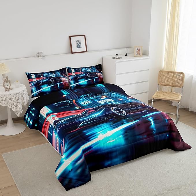 Feelyou City Racing Car Bedding Set King Size for Kids Boys Extreme Sport Games Comforter Set Teens Toddler Fast and Furious Duvet Set Cool Modern Quilt Set 3Pcs - LeafyLoom