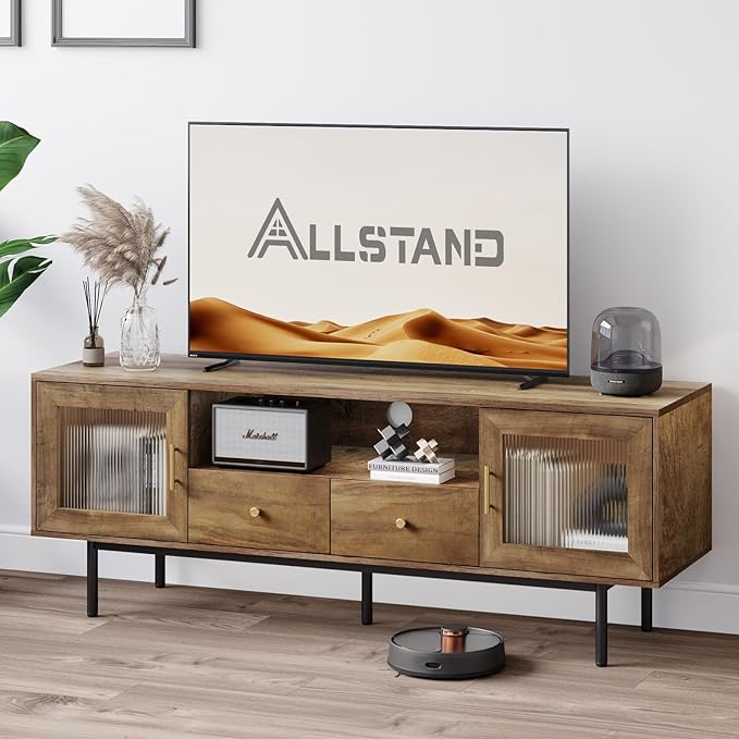 TV Stand for 65 Inch TV, Modern Entertainment Center with 2 Cabinets and 2 Drawers, Mid Century TV Stand for 55/60/65 inch TV, Media Console for Bedroom, Living Room and Office, Brown - LeafyLoom