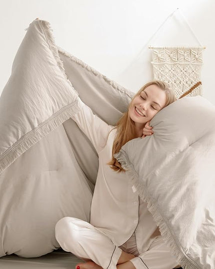 Andency Oatmeal Comforter Set Full Size, 3 Pieces Boho Tassel Lightweight Bedding Comforter Sets, All Season Soft Fluffy Fringe Bed Set (79x90In Comforter & 2 Pillowcases) - LeafyLoom
