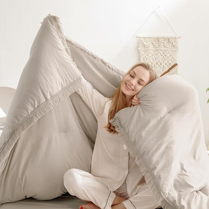 Andency Oatmeal Comforter Set Full Size, 3 Pieces Boho Tassel Lightweight Bedding Comforter Sets, All Season Soft Fluffy Fringe Bed Set (79x90In Comforter & 2 Pillowcases) - LeafyLoom