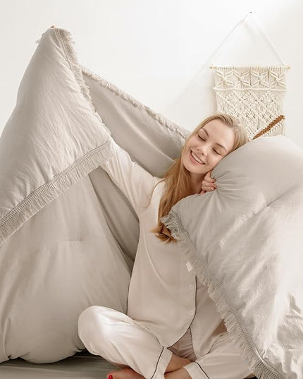 Andency Oatmeal Comforter Set Twin Size, 2 Pieces Boho Tassel Lightweight Bedding Comforter Sets, All Season Soft Fluffy Fringe Bed Set (66x90In Comforter & 1 Pillowcase) - LeafyLoom