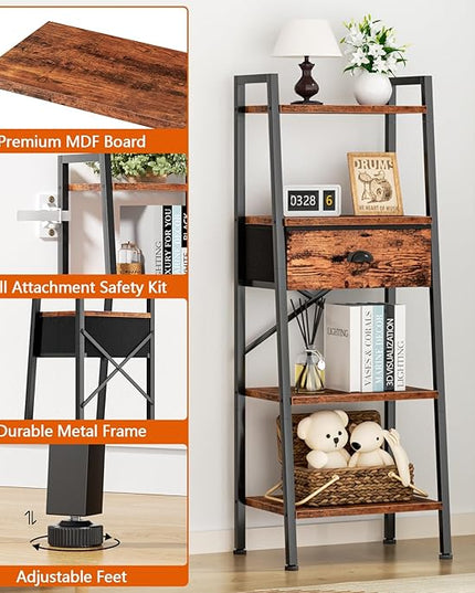 Furologee 4 Tier Ladder Shelf, Narrow Ladder Book Shelf with Drawer, Modern Bookcase Freestanding Shelf Units, Storage Shelves Organizer for Bedroom, Living Room, Bathroom, Home Office, Rustic Brown - LeafyLoom
