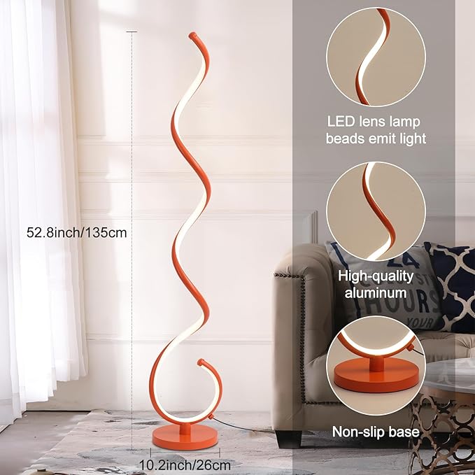 LED Floor Lamps for Living Room - Orange Spiral Modern Floor Lamp with Remote 3 Color Dimmable Standing Lamp Bright Tall Corner Lamp for Bedroom 53 in - LeafyLoom