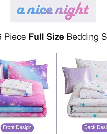 A Nice Night 6Pcs Gradient Glitter Bedding Set for Girls Full Size, Colorful Rainbow Galaxy Comforter Set, Ultra Soft Bedding Sets, Purple - LeafyLoom