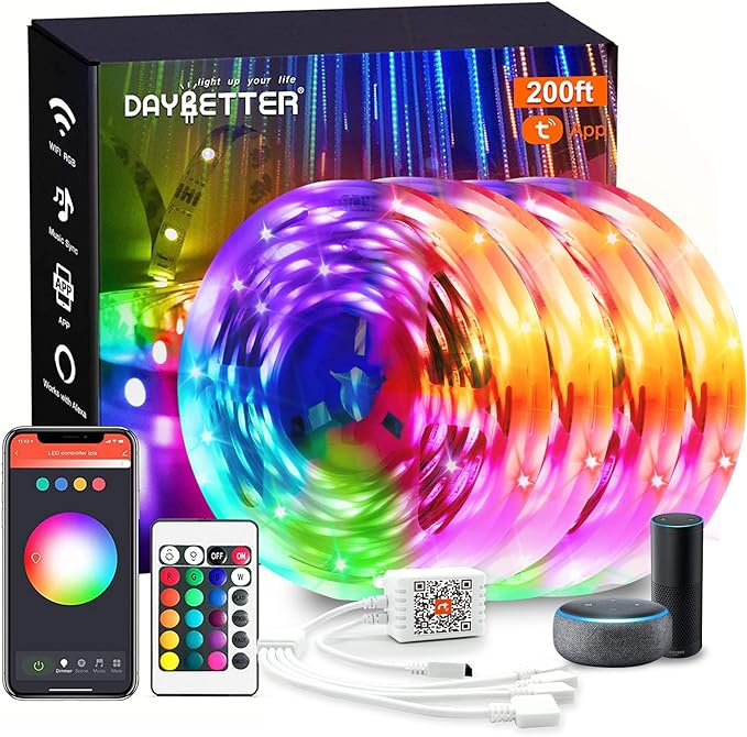 DAYBETTER Smart WiFi Led Lights, Tuya App Controlled, Compatible with Alexa and Google Assistant, Timer Schedule, RGB Strip Color Changing Décor for Bedroom Party Kitchen, 200ft DAYBETTER