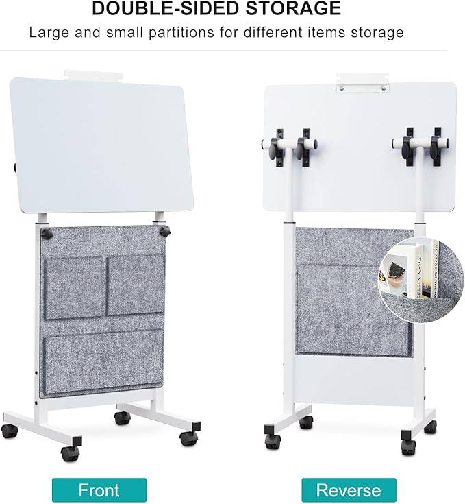 Adjustable Height Standing Desk, Writable Tempered Glass Desktop with Eraser, 360° Flip, Wheels and Bag– Ideal for Small Spaces and Home Offices, 24 in, White(Adjustable Height: 32-47 in) - LeafyLoom