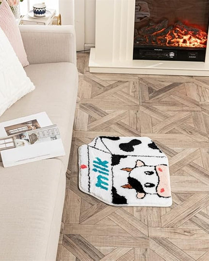 Milk Cow Bathroom Rugs Milk Box Shaped Animals Non Slip Cute Bath Rug Soft Absorbent Microfiber Bathtub Door Mat for Bathroom Kitchen Floor Tub Shower Rug Black White - LeafyLoom